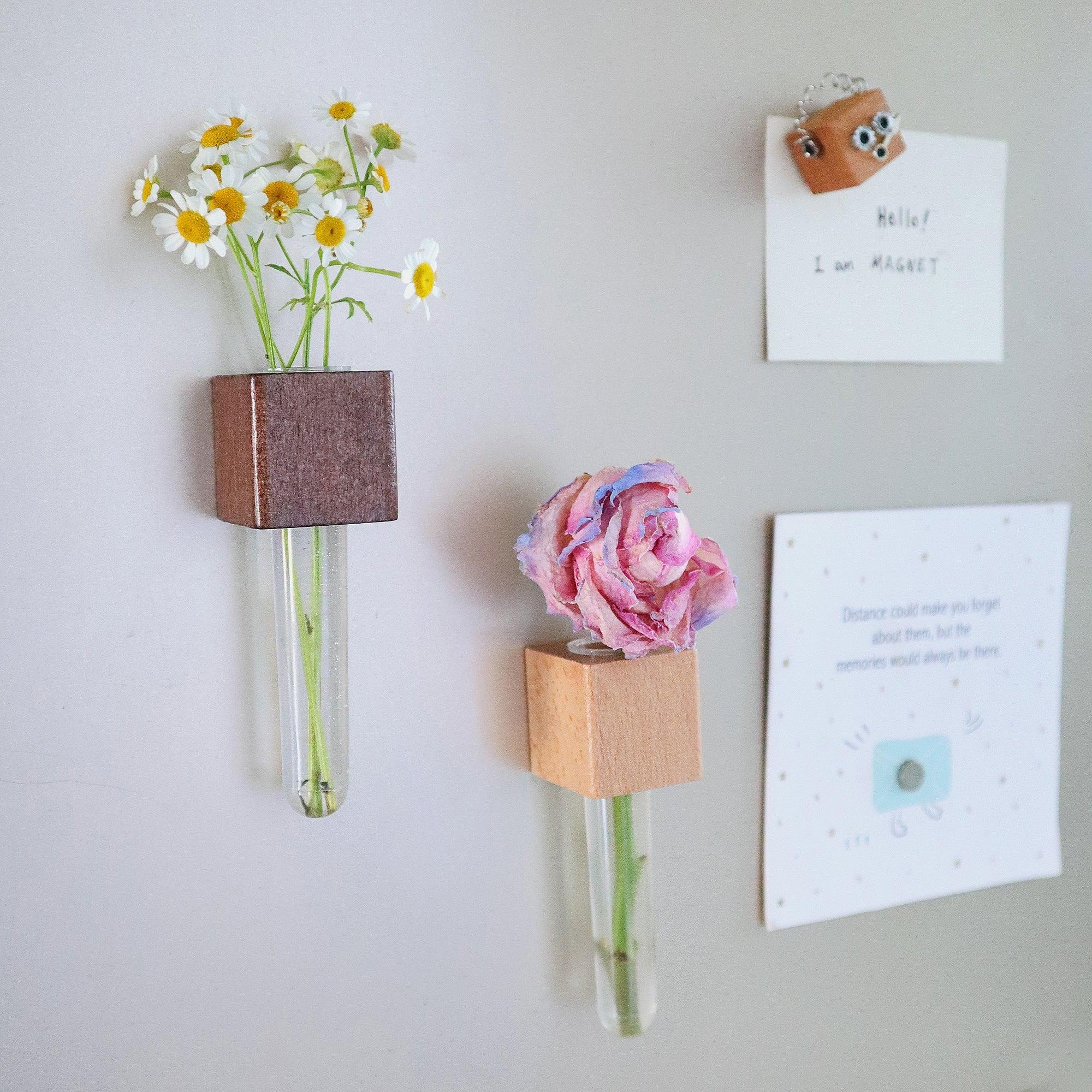 Mini Vase Magnets – Set of 2 – Beech & Walnut Wood – Decorative Fridge Magnets for Small Flowers or Greenery - BIG FRENCHIES