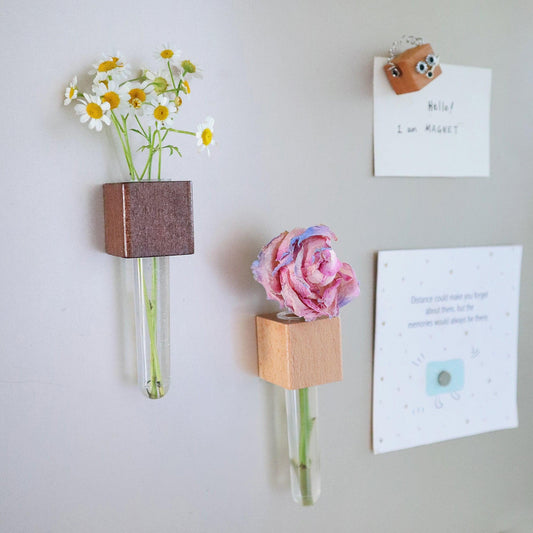 Mini Vase Magnets – Set of 2 – Beech & Walnut Wood – Decorative Fridge Magnets for Small Flowers or Greenery - BIG FRENCHIES