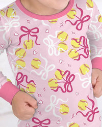 Softball Cherry Mom And Girl Matching Bamboo Two Piece Long Sleeve Pajama Set