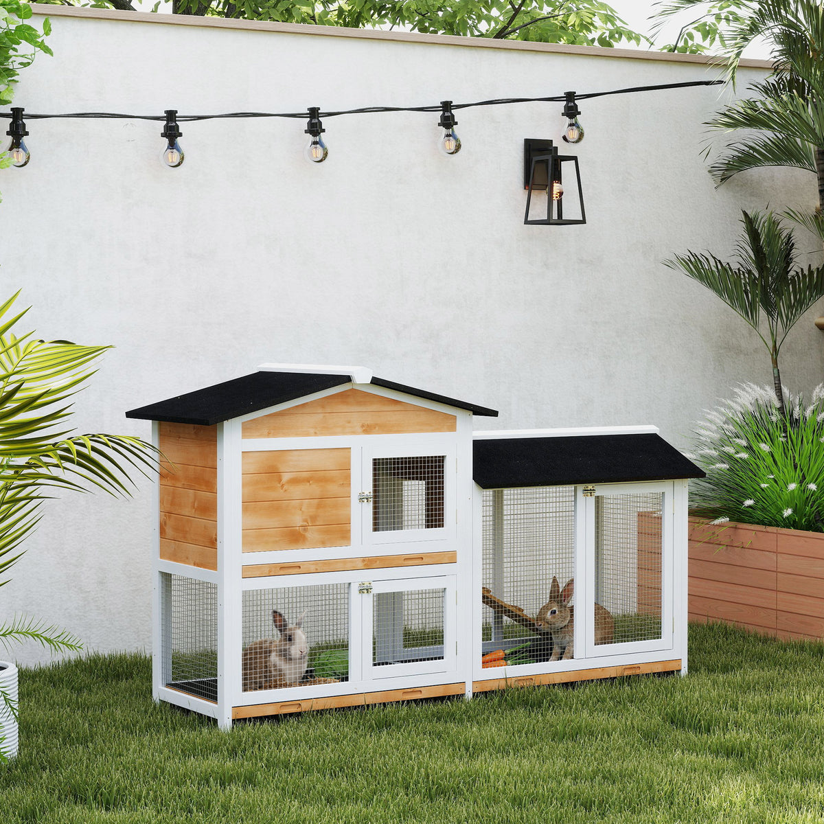 62" Rabbit Hutch, Wooden Bunny Hutch, Guinea Pig Cage, Small Animal Enclosure with Run Area, Removable Tray, Asphalt Roo
