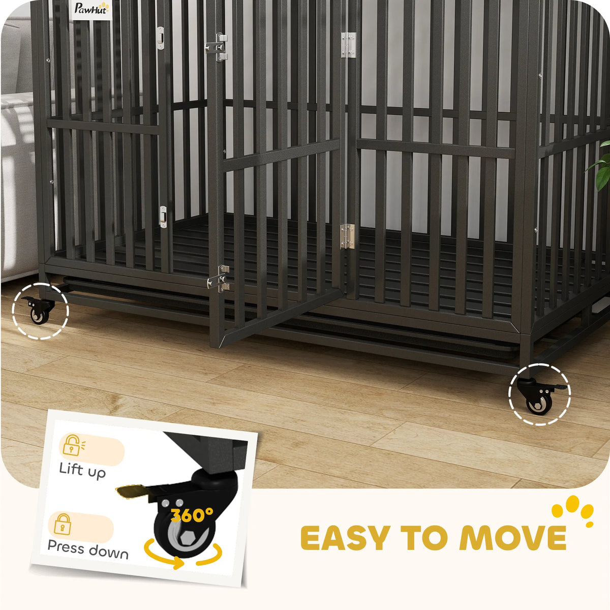 49" Heavy Duty Steel Dog Crate Kennel Pet Cage with Wheels for Convenient Access Anti-Pinching Floor, Black