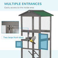 65" Wooden Bird Cage Outdoor Aviary House for Parrot, Parakeet, with Pull Out Tray and 2 Doors, Grey