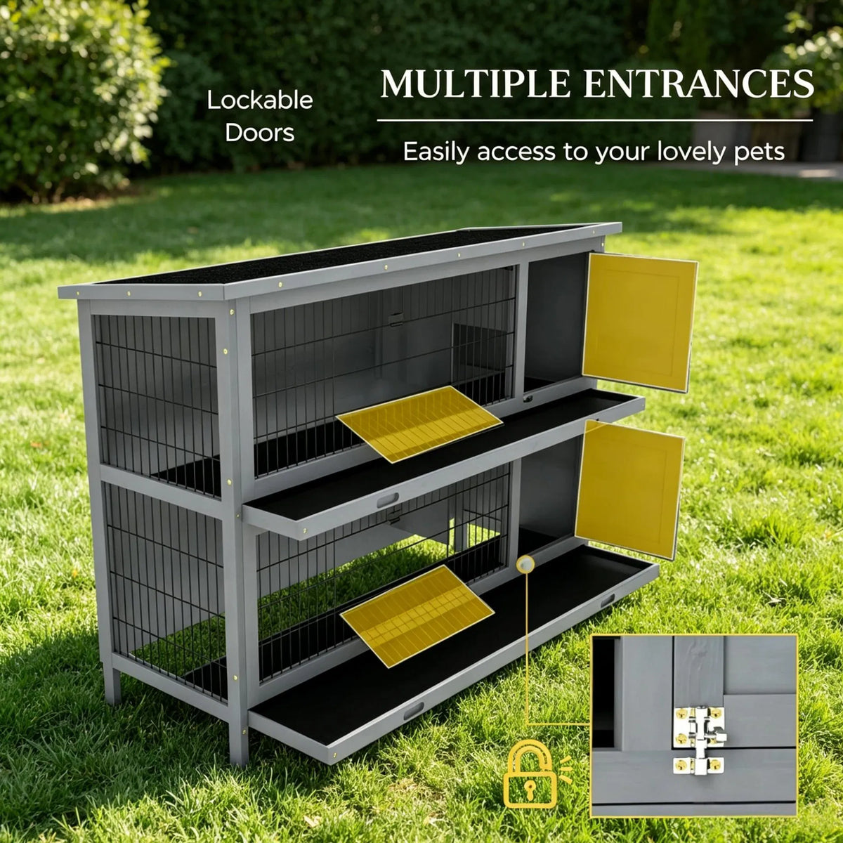 54" 2-Story Large Rabbit Hutch, Bunny Cage, Wooden Pet House, Small Animal Habitat, Gray with Lockable Doors, Tray, Roof