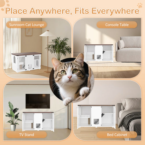 47.25 Large Cat Litter Box Enclosure With LED Light, Hidden Litter Box Furniture, Cat House With Stairs And Cat Scratchi
