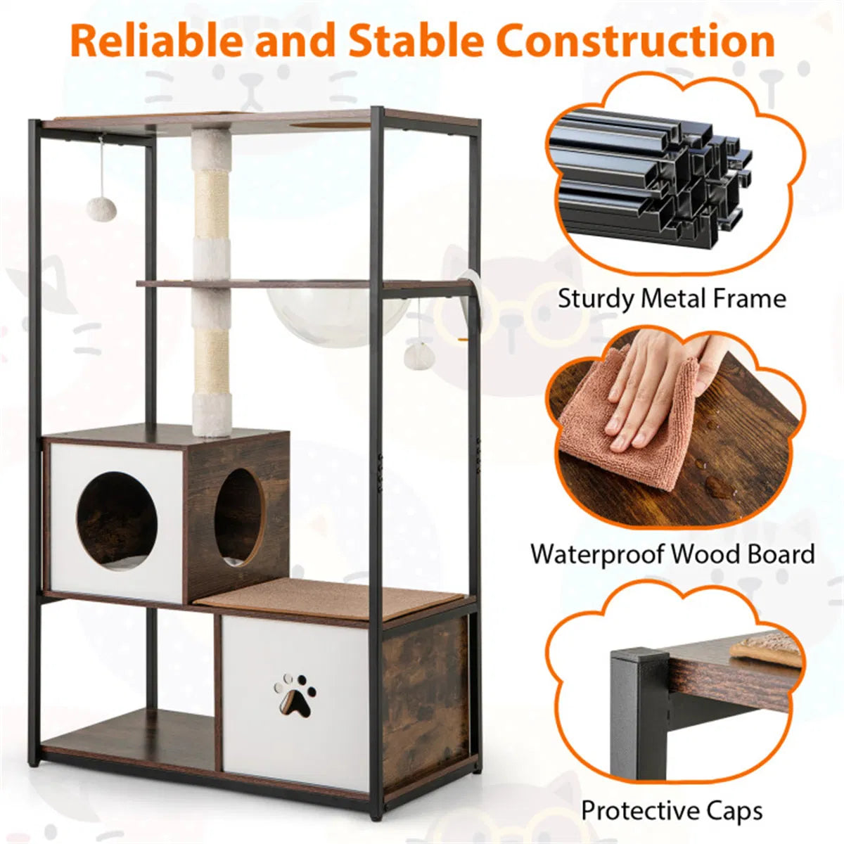Stylish Wood-Metal Cat Tree - 33 lbs Per Layer Capacity, 2 Private Condos + 2 Relaxation Platforms, Complements Room Dec