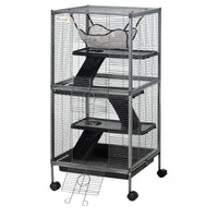 PawHut Metal Small Animal Cage Rolling Big Ferret Cage, Chinchilla Cage, Sugar Glider Cage, With Hammock & 4 Tiers, Remo