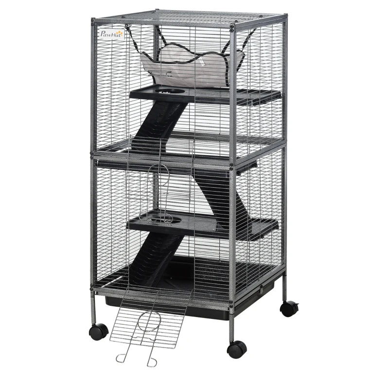 PawHut Metal Small Animal Cage Rolling Big Ferret Cage, Chinchilla Cage, Sugar Glider Cage, With Hammock & 4 Tiers, Remo