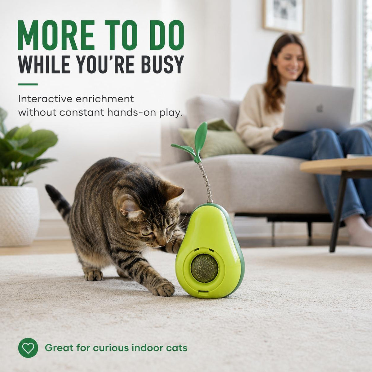 Avocado-Shaped Cat Tumbler Toy Interactive Wobble Toy That Self-Rights Includes Replaceable Feather & Catnip Ball Indoor