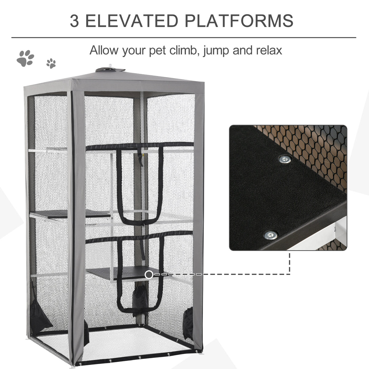 79"H Cat House Kitten Enclosure Mesh Playpen Steel Frame with 3 Platforms, 2 Doors and 4 Sandbags for Stability, Indoor/