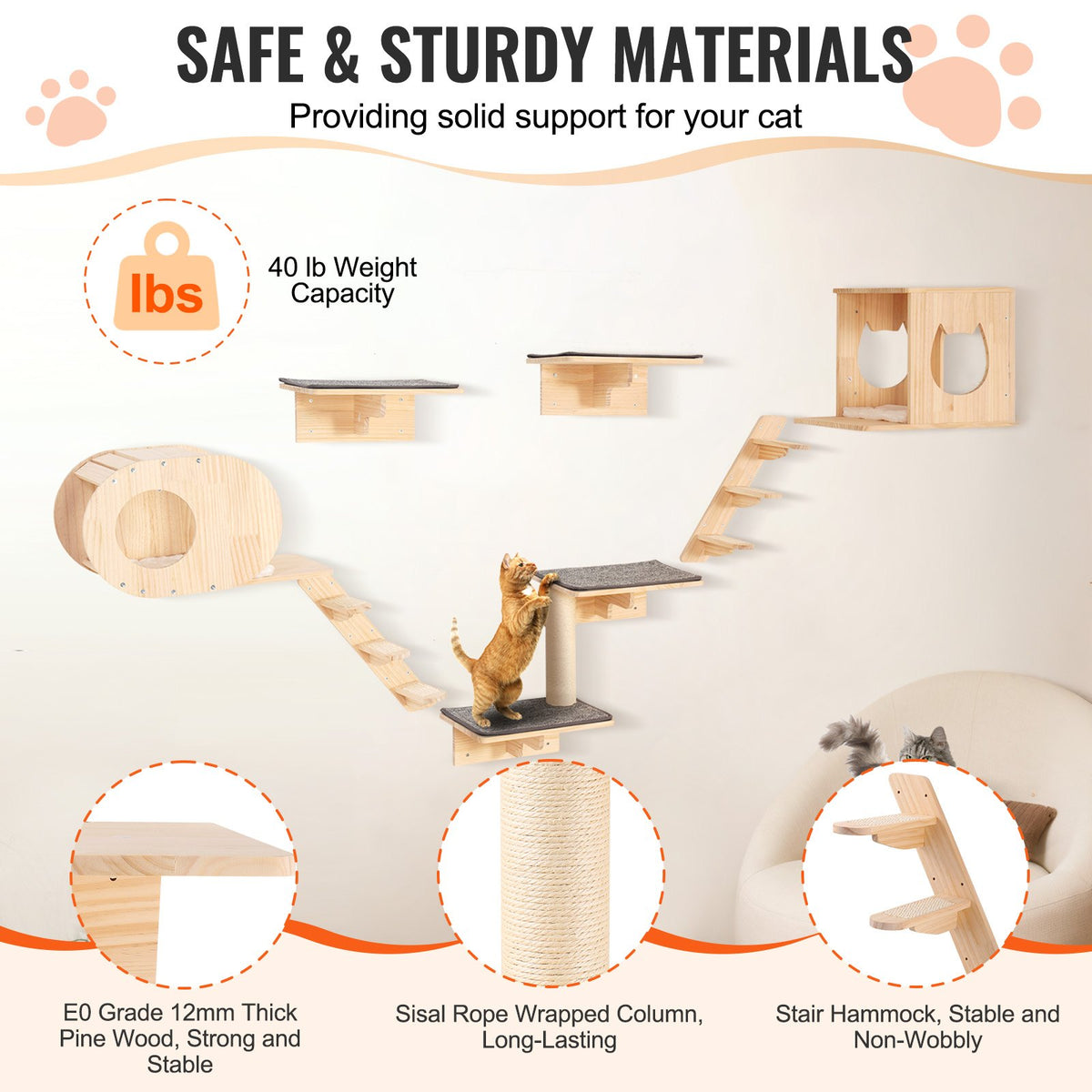 Wall Mounted Cat Shelves Tree With Jumping Boards Nests Hammock Set Of 7