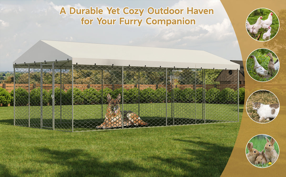 10x20 FT Large Outdoor Dog Kennel with Canopy, Heavy Duty Galvanized Steel Frame, Waterproof Cover, All-Weather Protecti