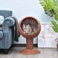 Elevated Cat Bed with Rotatable Egg Chair Pod, Cat Basket Bed with Thick Cushion, Natural Mat Grass Woven Kitty House, B