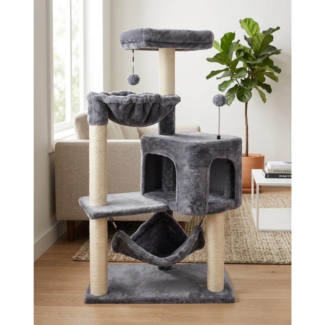 Cat Tree With Cat Condo And Big Hammock, Grey