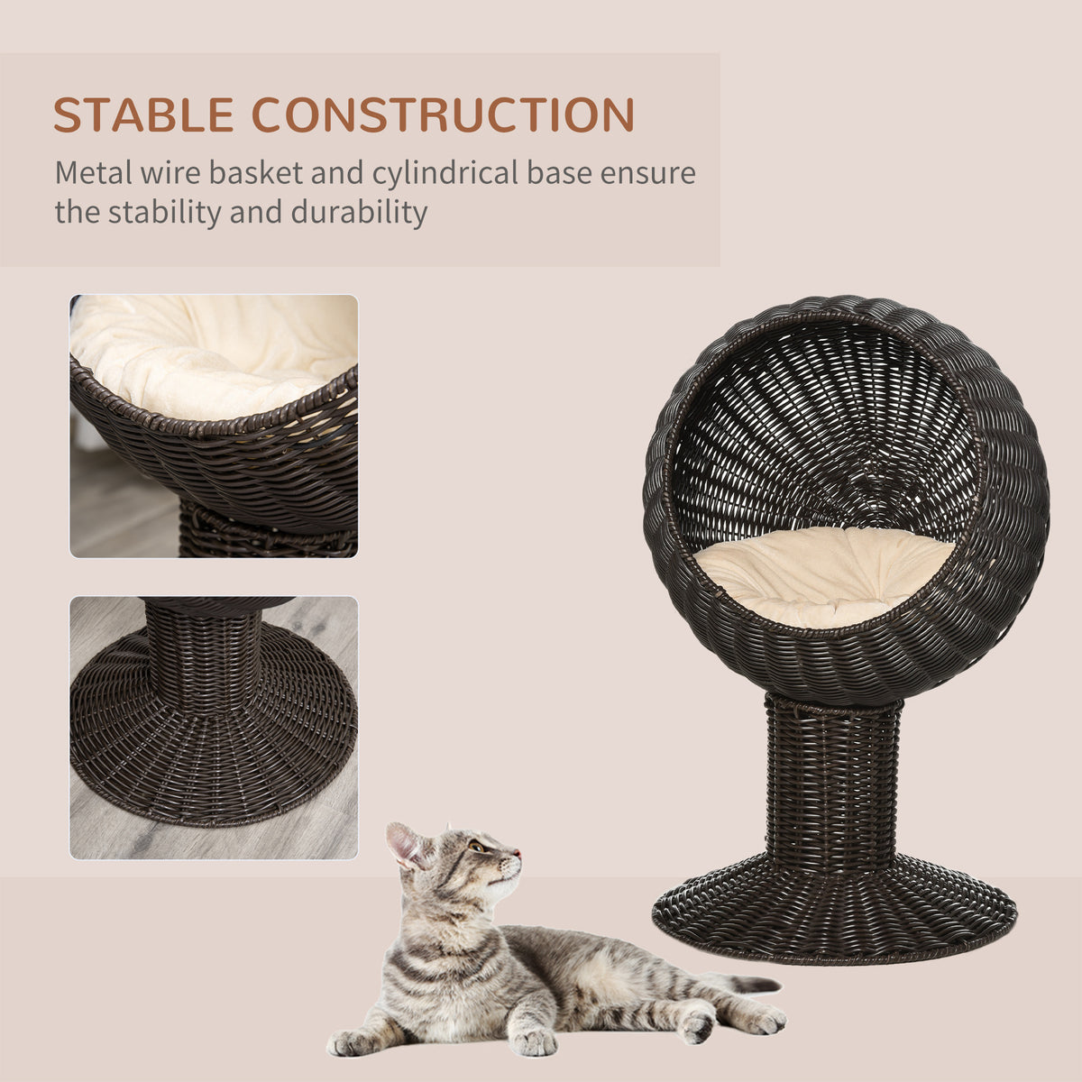 Elevated Cat Bed with Rotatable Egg Chair Pod, Cat Basket Bed with Thick Cushion, Natural Mat Grass Woven Kitty House, C