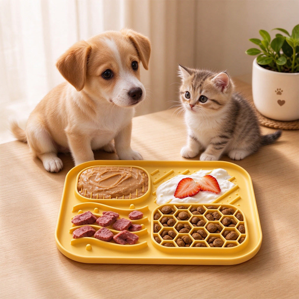Silicone Pet Licking Mat, 4 Zones Slow Feeder Mat With Strong Suction Cups For Dogs & Cats, Anxiety Relief Lick Pad For 