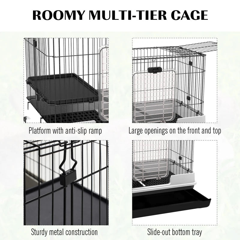PawHut 2-Level Small Animal Cage Rabbit Hutch With Wheels, Removable Tray, Platform And Ramp For Bunny, Chinchillas, Fer