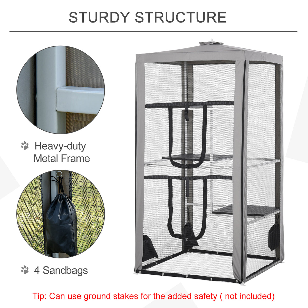 79"H Cat House Kitten Enclosure Mesh Playpen Steel Frame with 3 Platforms, 2 Doors and 4 Sandbags for Stability, Indoor/