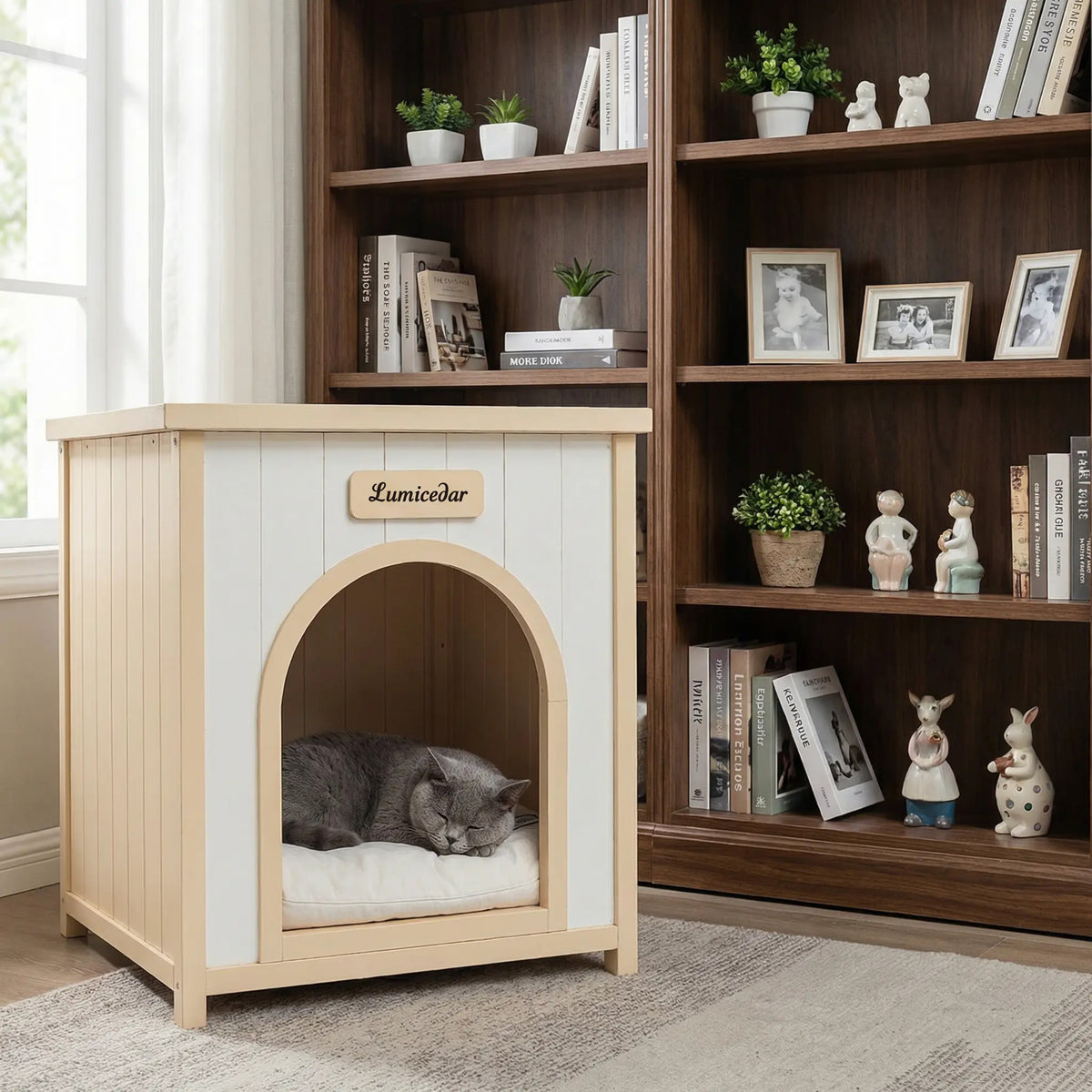 Modern Indoor Wooden Dog House with Removable Cushion – Solid Cedar Pet House for Small Dogs & Cats, Furniture-Grade Sca