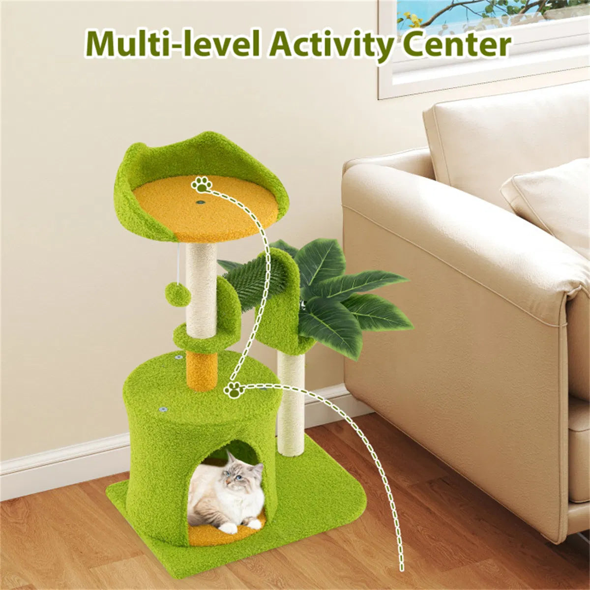 Cat Tree - 22LBS Capacity, Palm Tree Design with Self-Groomer & Scratching Posts