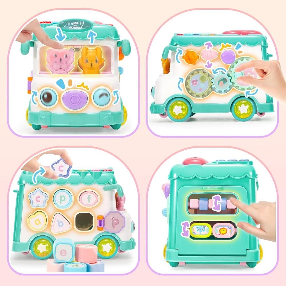 Baby Activity Bus Toy Set 6-in-1 Multifunctional Musical Learning Bus Includes Mini Car & Building Blocks Early Educatio