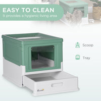 Fully Enclosed Cat Litter Box with Front Entry and Top Exit, Plastic, Green & White