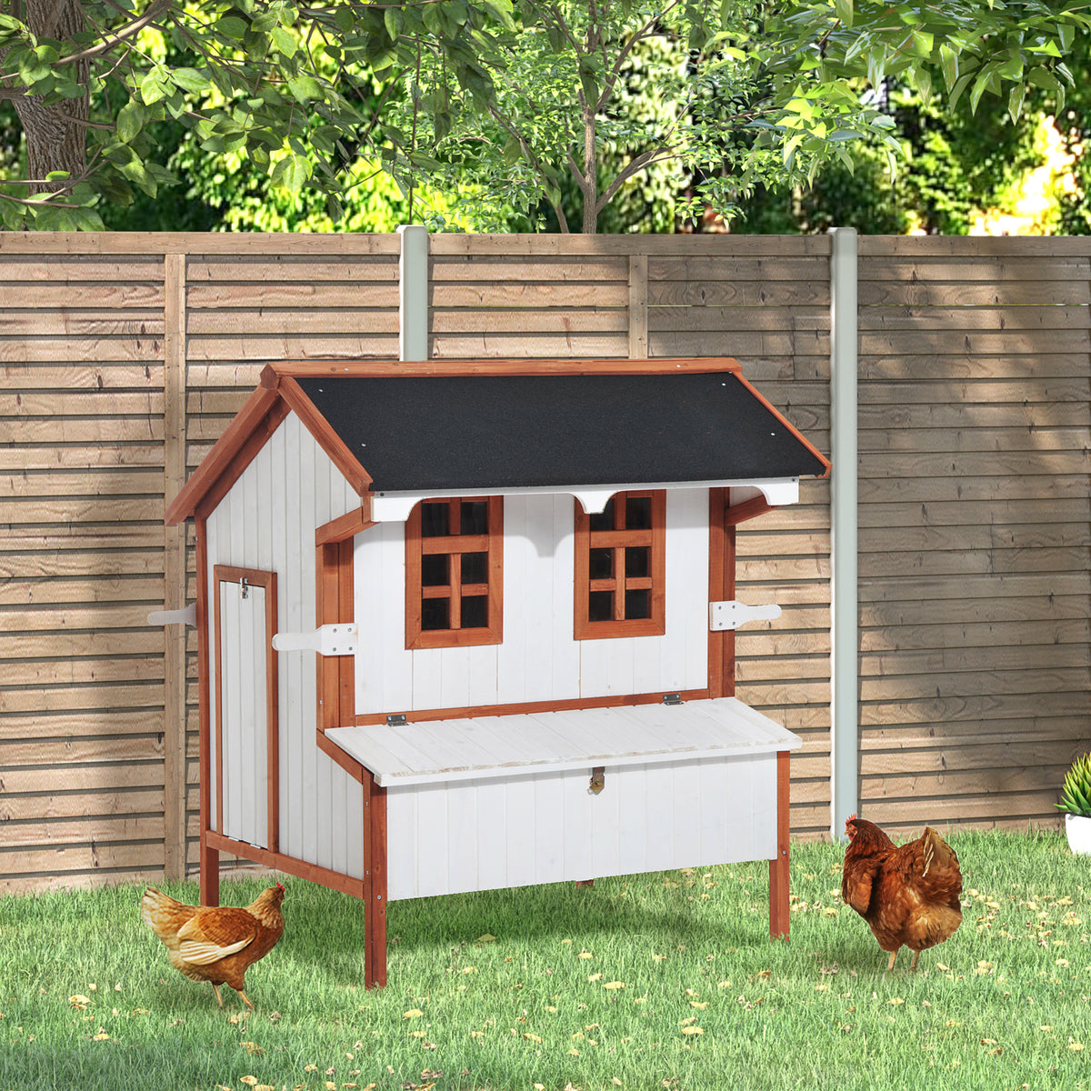 47" Chicken Coop, Wooden Chicken House Raised Rabbit Hutch with Waterproof Roof, Nesting Box and Handles for 3-5 Hens, P