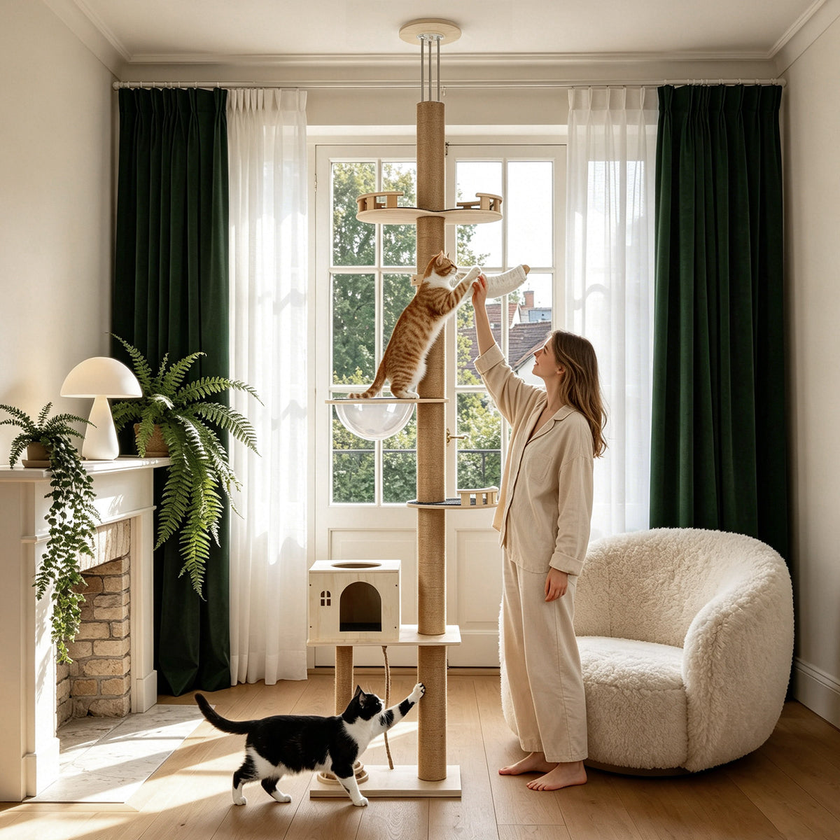 Floor-to-Ceiling Cat Tree With Natural Sisal Rope Scratching Post - Adjustable Height Modern Cat Activity Tree, Cat Scra