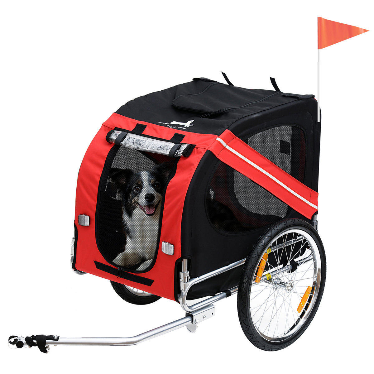 Dog Bike Trailer With Easy Folding Cart Frame, Large Wheels, 3 Entrances, Mesh Screen, For Dogs Within 44 Lbs, Red & Bla