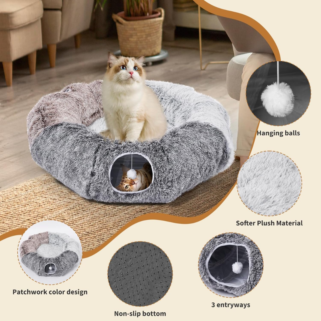 Large Cats Tunnels For Indoor Cats Fluffy Warm Cat Bed And Detachable Cave Tunnels With 20 Pet Toys, Donut Tunnel And Va