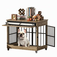 38in Dog Crate Furniture, Double Door Wooden Indoor Dog Kennel Furniture, Decorative Pet Cage End Table With Wheels For 