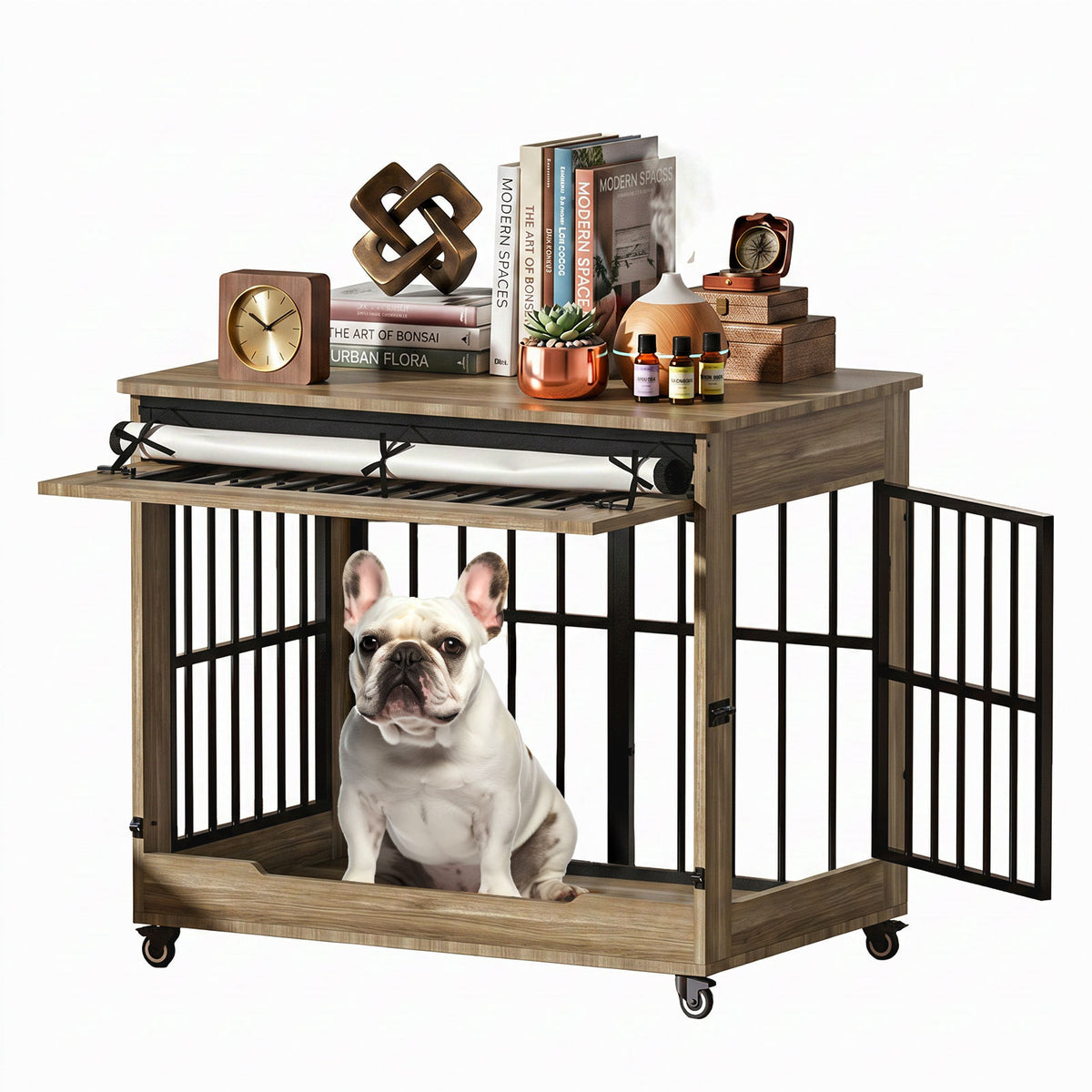 38in Dog Crate Furniture, Double Door Wooden Indoor Dog Kennel Furniture, Decorative Pet Cage End Table With Wheels For 