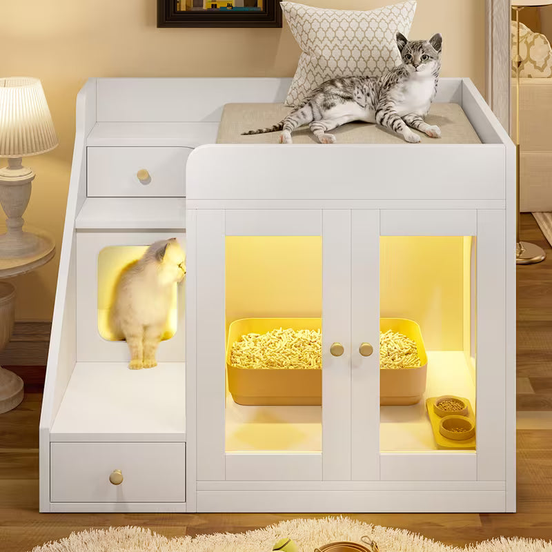 Litter Box Enclosure Cabinet with LED Light – 2-Drawer Cat House Side Table, White/Black/Gray