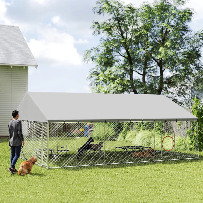 Heavy Duty Outdoor Dog Kennel With Waterproof Roof, 2 Secure Latches, Chain Link Dog Run For Backyard, 20' X 15' X 8',Mu
