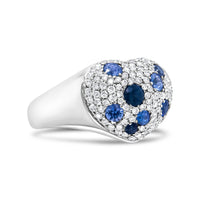 18K White Gold Blue Sapphire and 5/8 Cttw Diamond Cluster Heart Shaped  Ring (F-G Color, VS1-VS2 Clarity) - Size 7.5