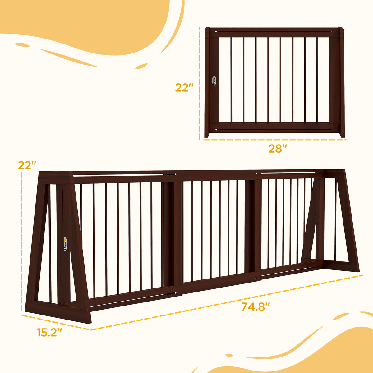 28"-75" Freestanding Wooden Pet Gate with Support Feet & Non-Slip Mats for Indoor, Stairway, Doorway, Brown
