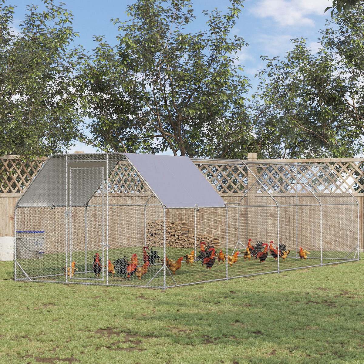 Large Chicken Coop Metal Chicken Run with Waterproof and Anti-UV Cover, Flat Shaped Walk in Fence Cage Hen House for Out