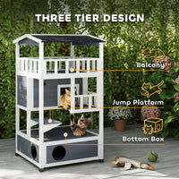 Wooden Outdoor Cat House, Feral Cat Shelter Kitten Condo with Asphalt Roof, Escape Doors, Condo, Jumping Platform, Gray