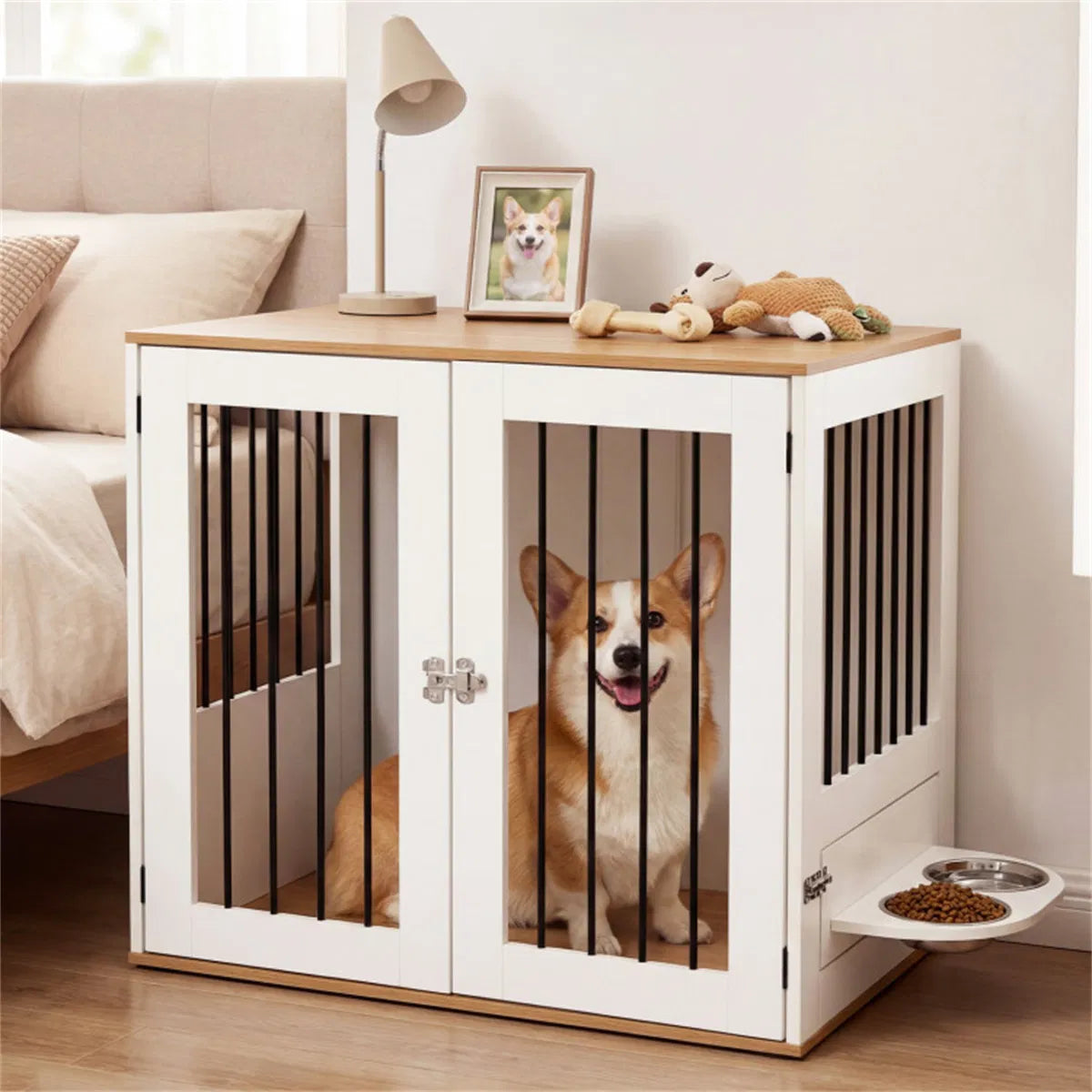 Furniture Style Dog Crate with 360° Rotating Feeder & 304 Stainless Steel Bowls, Double Locking Indoor Dog Kennel