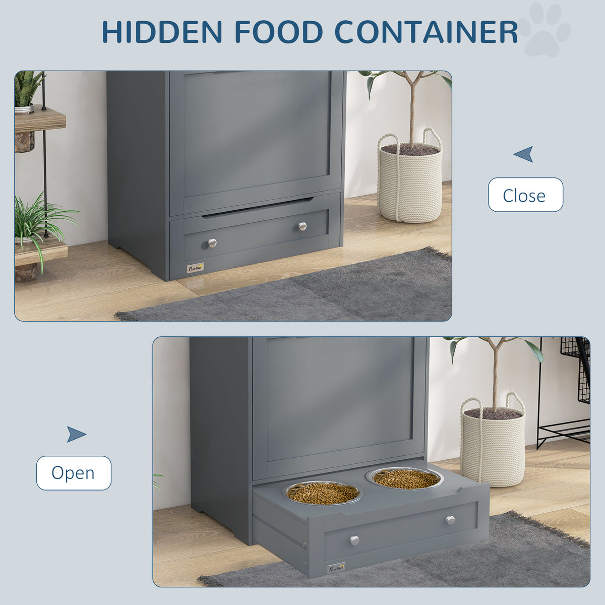 Pet Feeder Station Storage Cabinet, Dog Food Storage Container with Dog Raised Bowls, Watering Supplies, Gray