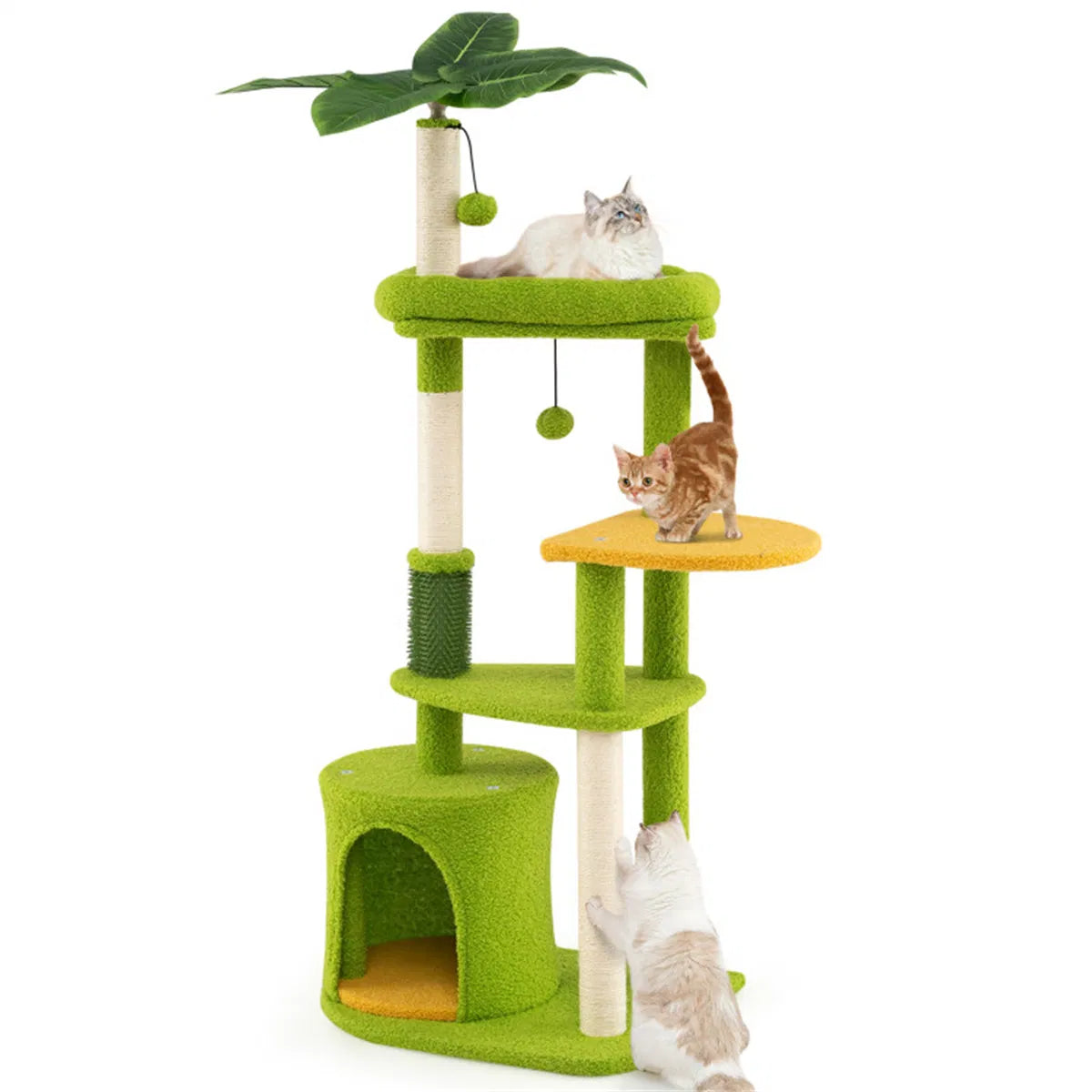 48" Cat Tree with Tropical Leaves - Self-Groomer & Scratching Posts, Space-Saving (Green+Orange)