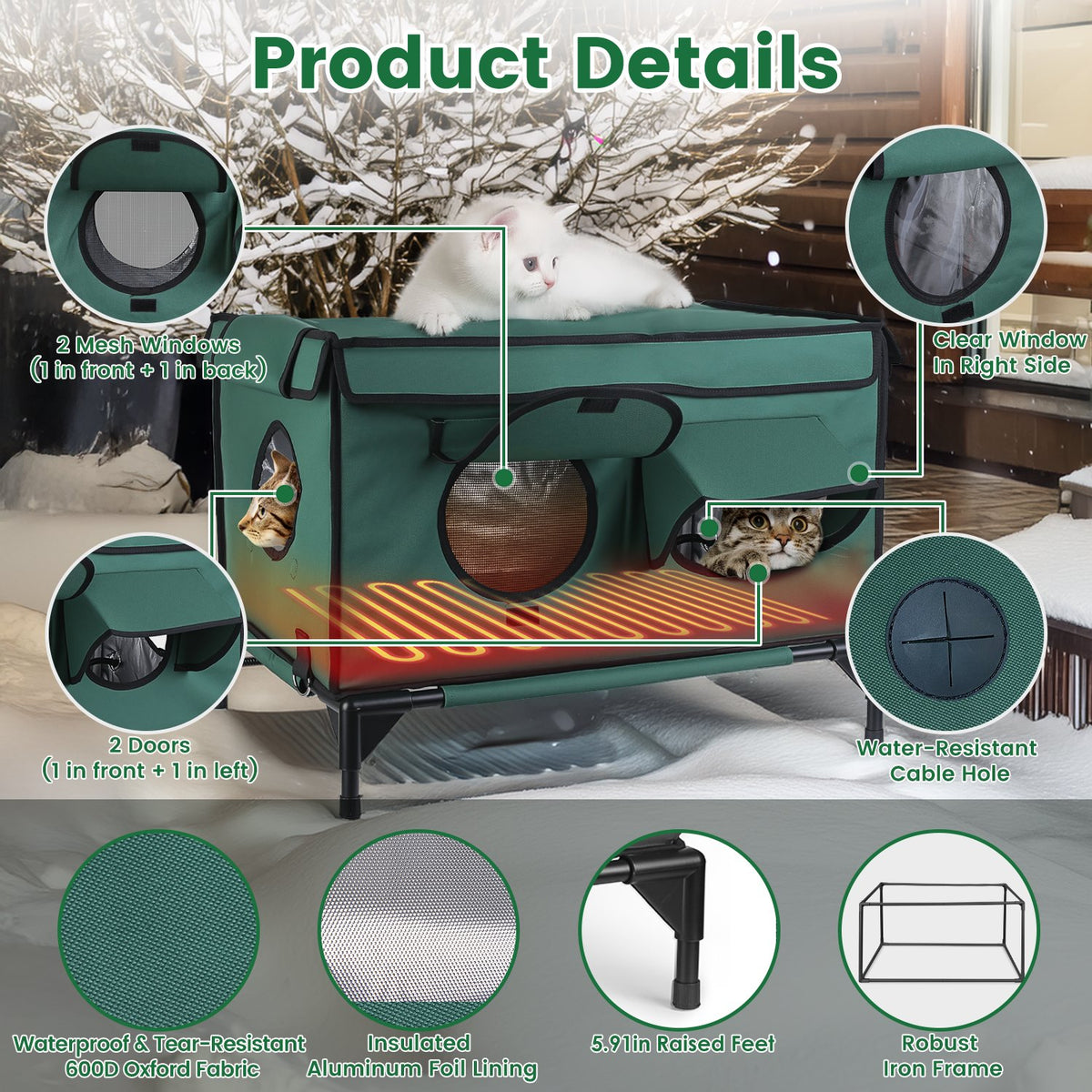 1Pc Waterproof Heated Cat House Outdoor Weatherproof Insulated Kitty Shelter Feral Cat Heating Bed With Heating Pad Anti