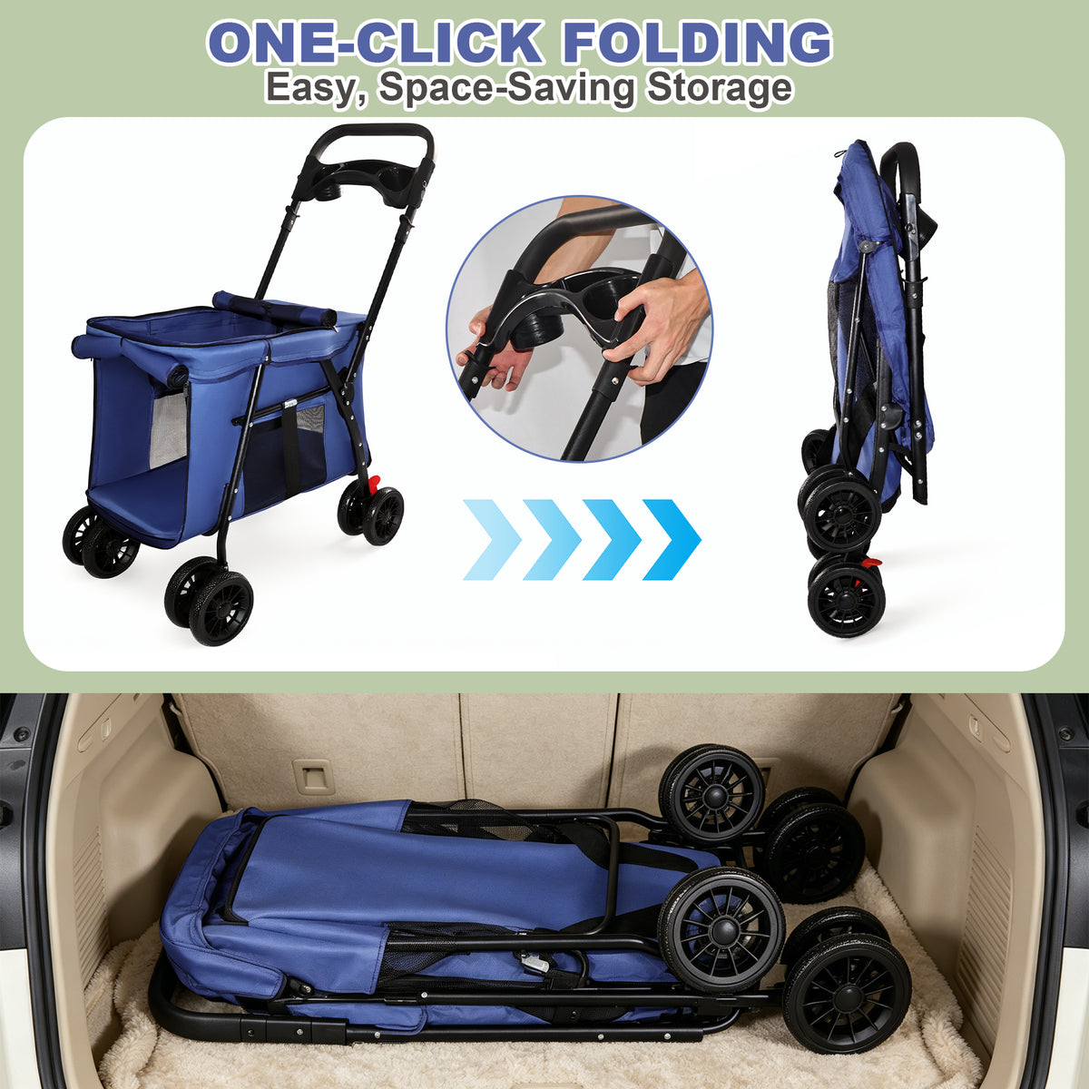 Pet Stroller, Foldable 4-Wheel Design, Breathable Mesh Dog Cat Stroller with Shockproof Wheels, Brake System, Storage Tr