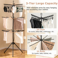 3-Tier Foldable Tripod Clothes Drying Rack With 24 Clips & 32 Rods, 70 Space Saving Laundry Dryer