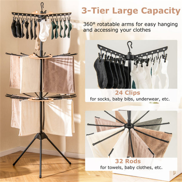3-Tier Foldable Tripod Clothes Drying Rack With 24 Clips & 32 Rods, 70 Space Saving Laundry Dryer