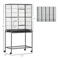 Rolling Metal Bird Cage Feeder With Detachable Rolling Stand, Storage Shelf, Wood Perch & Food Container