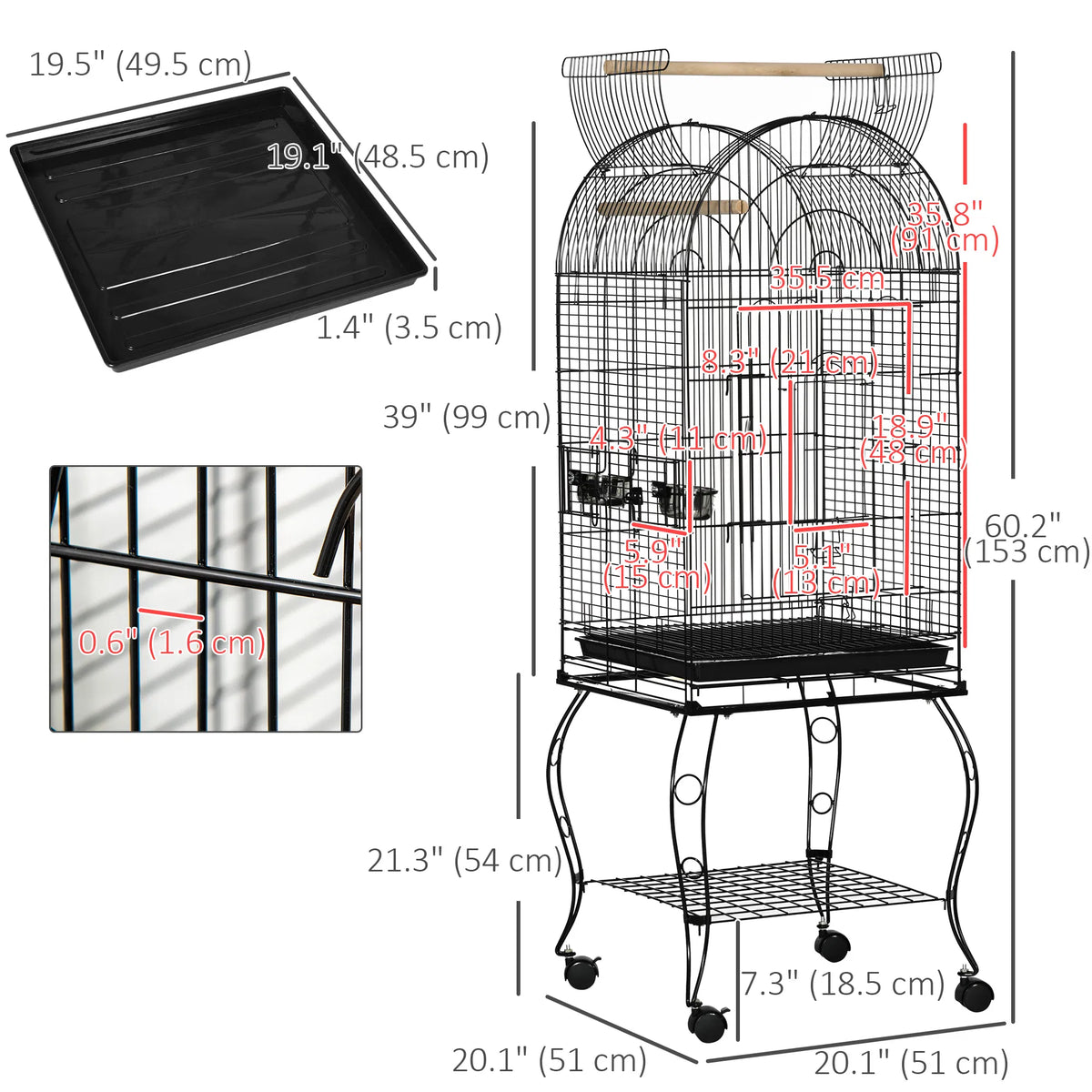 60" Large Bird Cage with Openable Top for Cockatie, Sun Conure