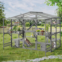 Large Outdoor Catio for 6-10 Cats, Pine Wood Cat Cage Outdoor with Weatherproof Roof, 6 Platforms, Climbing Ramp, 1 Rest