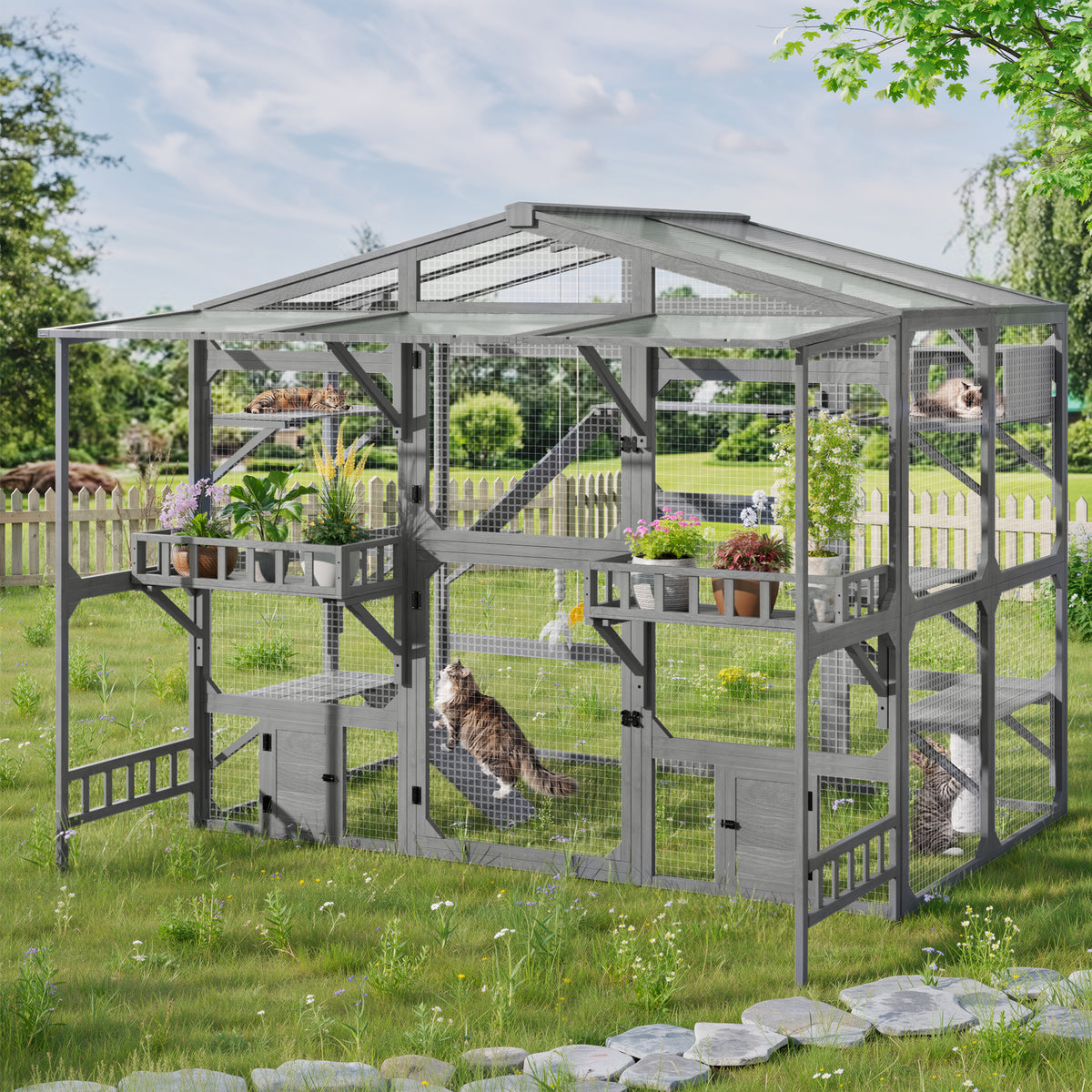 Large Outdoor Catio for 6-10 Cats, Pine Wood Cat Cage Outdoor with Weatherproof Roof, 6 Platforms, Climbing Ramp, 1 Rest