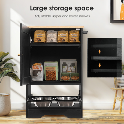 Feeding Station With 1 Storage Cabinets, Pet Feeding Station With 2 Elevated Dog Bowls, Side Hooks, Anti-tip Kit, Hidden