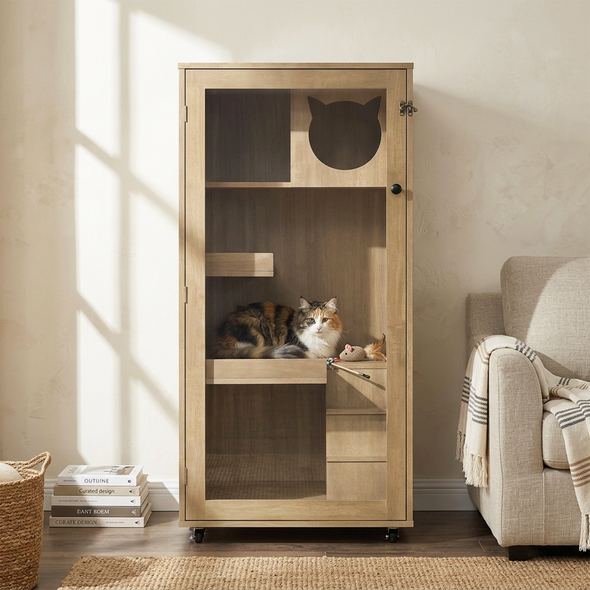 Basia Rubber Wood Cat Cabinet with Wheels, Ventilated Indoor Cat Condo with Multi-Level Shelves & Lockable Door, Safe & 